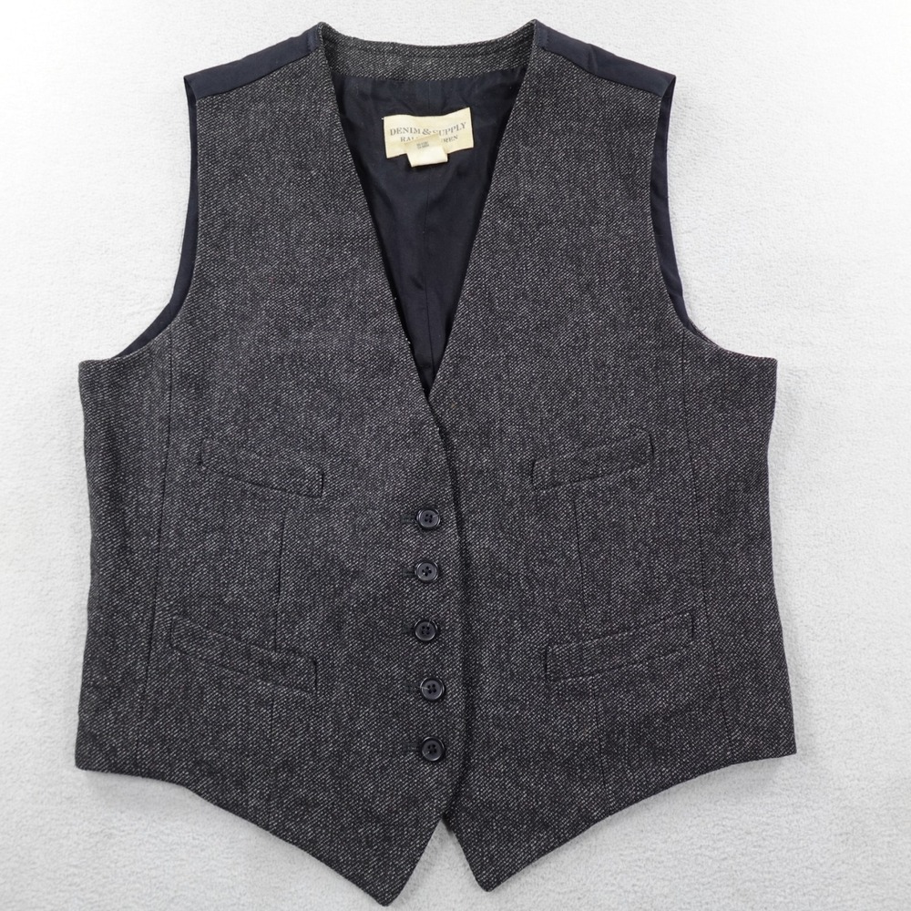 Denim Supply Ralph Lauren Wool Tweed Vest Mens Large Black Heather Work Dress
